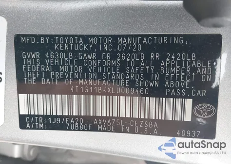 2020 Toyota Camry Se Awd z USA, uszkodzony, nr VIN 4T1G11BKXLU009460